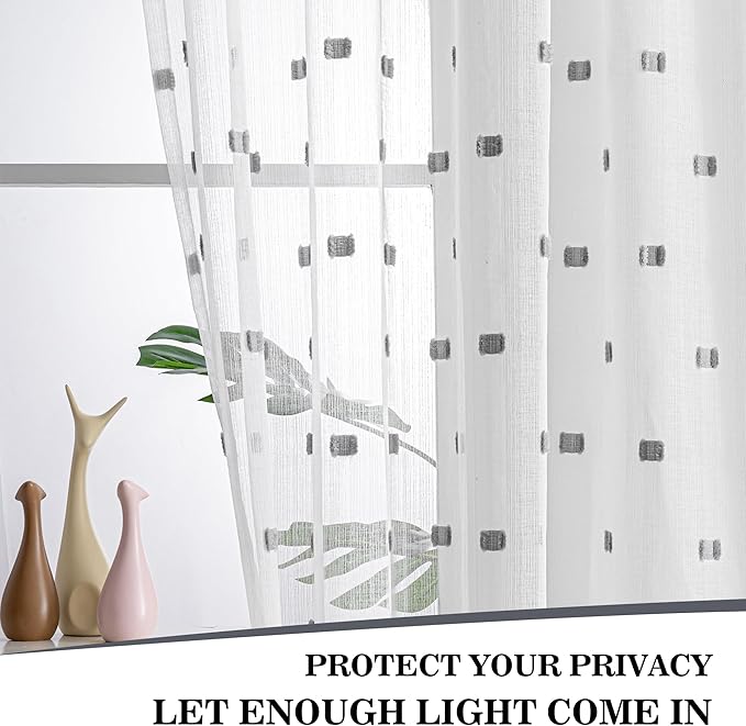 MYSKY HOME White Curtains for Bedroom 84 Inch Length Long Sheer Curtains for Living Room Nursery Curtains with Grey Patched Design Rod Pocket Privacy Window Drapes Dining Room 52" x 84" 2 Panels