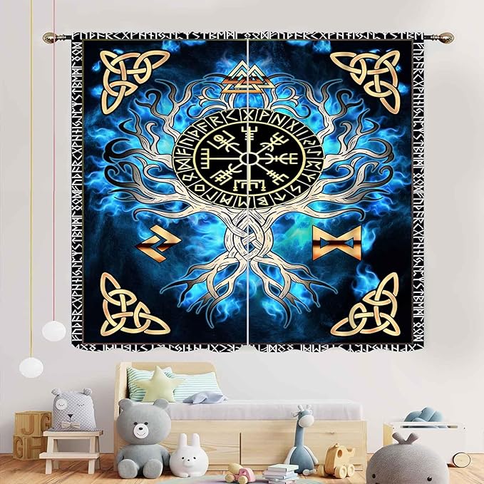 Tree of Life Curtains, Vikings Celtic Nordic Life Tree Scandinavian Aesthetic Mythology Blue Window Drapery Treatments for Bedroom Living Room Bathroom 2 Panels, 63"x63" Inch