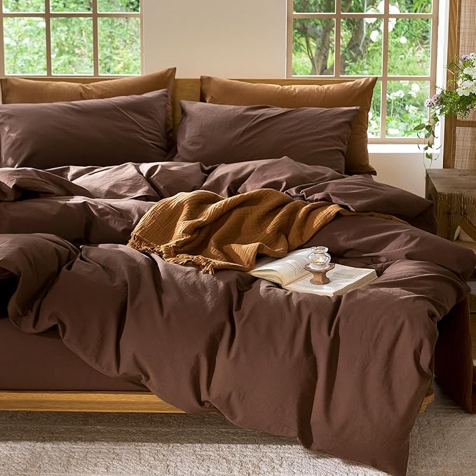 MooMee Bedding Duvet Cover Set 100% Washed Cotton Linen Like Textured Breathable Durable Soft Comfy (Solid Cocoa Brown, Cal King 104"x98")