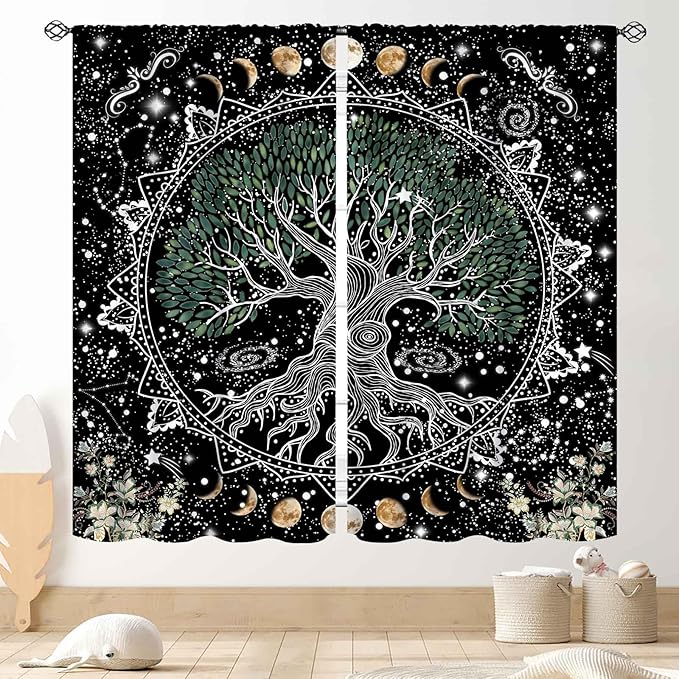 Life Tree Curtains, Hippie Sun Moon Trippy Tree of Life Bohemian Mandala Aesthetci Mystic Witchy Blackout Window Drapery Treatments for Bedroom Living Room Bathroom Decor, 42"x45" Inch