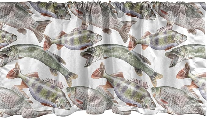 Ambesonne Fishes Window Valance Pack of 2, Watercolor Common Carp Perch and Bass Freshwater Animals Themed Seafood Drawing, Rod Pocket Curtain Valances for Kitchen Bedroom, 42" X 12", Pale Blue Grey