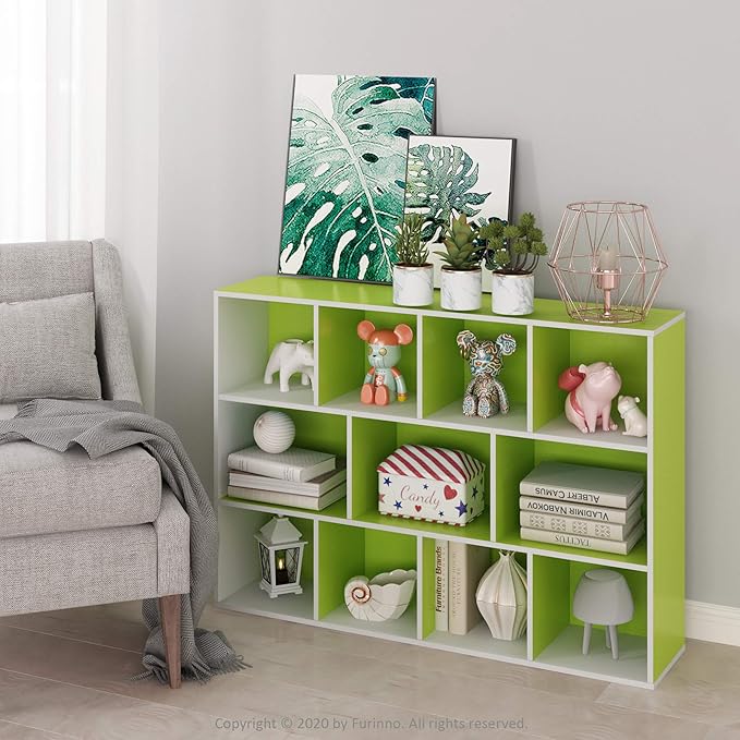 Furinno LUDER Book Shelf, 11-Cube Bookshelf, Reversible Bookcase, 9.4" x 29.1" x 41.7", for Living Room, Bedroom, Home Office, White/Green