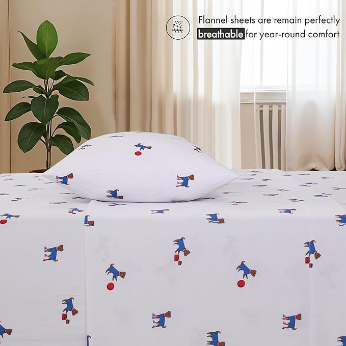 RUVANTI Flannel Sheets Twin Size - 100% Cotton Double Brushed Twin Sheets Set, Deep Pockets 16 Inches, All Seasons Breathable & Extra Soft Bed Sheets, Warm & Cozy, 3 Piece, Puppy Playoff