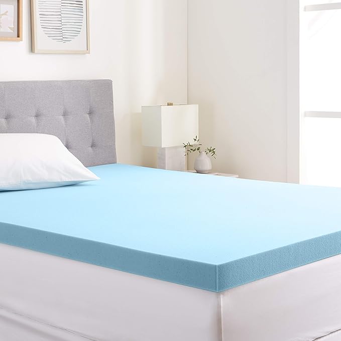 Amazon Basics Alternative Latex Queen Mattress Topper, Cooling Gel-Infused, CertiPUR-US Certified, 3 Inches, Blue