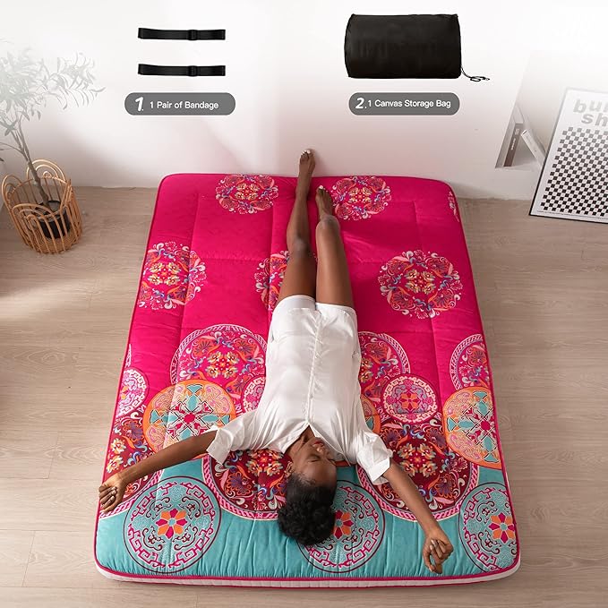 MAXYOYO Bohemian Style Futon Mattress, Padded Japanese Floor Mattress Quilted Bed Mattress Topper, Extra Thick Folding Sleeping Pad Breathable Floor Lounger Guest Bed for Camping Couch, Red, Twin
