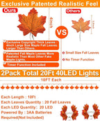 TURNMEON 2 Pack Thanksgiving Decorations Enlarged Maples Leafed Lights Total 20Ft 40LED Fall Decorations for Home, Battery Operated Autumn Garland Waterproof Indoor Outdoor Holiday Thanksgiving Decor