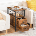HOOBRO End Table with Charging Station, Narrow Side Table with 2 Drawer & USB Ports & Power Outlets, Nightstand for Small Spaces, for Living Room, Bedroom, Rustic Brown and Black BF541BZ01