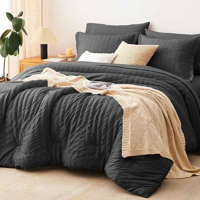 CozyLux Oversized King Comforter Set Dark Grey Seersucker 7 Pieces 120x98 Bed in a Bag Comforter Set with Sheets, Luxury Soft Bedding Sets with Down Alternative Comforter, Sheets, Pillowcases & Shams