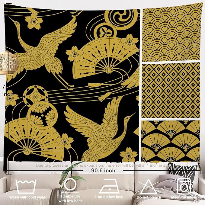 Batmerry Flower Vintage Tapestry, Oriental Japanese Pattern Ornaments Traditional Motives Kimono Wall Hanging Polyester Fiber White Ruffled Around For Dorm Bedroom Living Room, 90.6 X 78.7 Inches