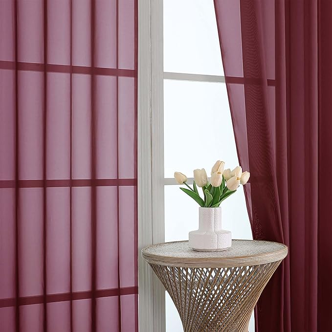 OWENIE Burgundy Sheer Curtain 90 Inches Long 2 Panels Set, Solid Filmy Drapes for Living Room Bedroom, Elegant Window Sheer Curtain Panels Drapes, 2 Pcs, Each 59W x 90L Inch