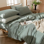 MooMee Bedding Duvet Cover Set 100% Washed Cotton Linen Like Textured Breathable Durable Soft Comfy (Heathered Green, Oversized Queen 98"x98")