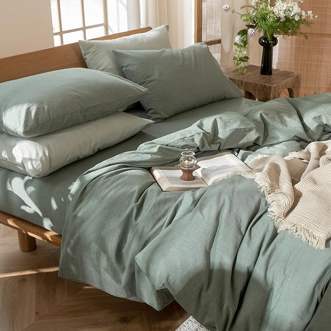 MooMee Bedding Duvet Cover Set 100% Washed Cotton Linen Like Textured Breathable Durable Soft Comfy (Heathered Green, Queen 90"x90")