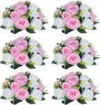 NUPTIO Pcs of 6 Fake Flower Ball Arrangement Bouquet,15 Heads Plastic Roses with Base, Suitable for Our Store's Wedding Centerpiece Flower Rack for Parties Valentine's Day Home Décor (Pink & White)