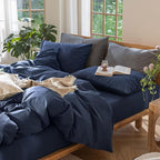 MooMee Bedding Duvet Cover Set 100% Washed Cotton Linen Like Textured Breathable Durable Soft Comfy (Solid Navy, Queen 90"x90")