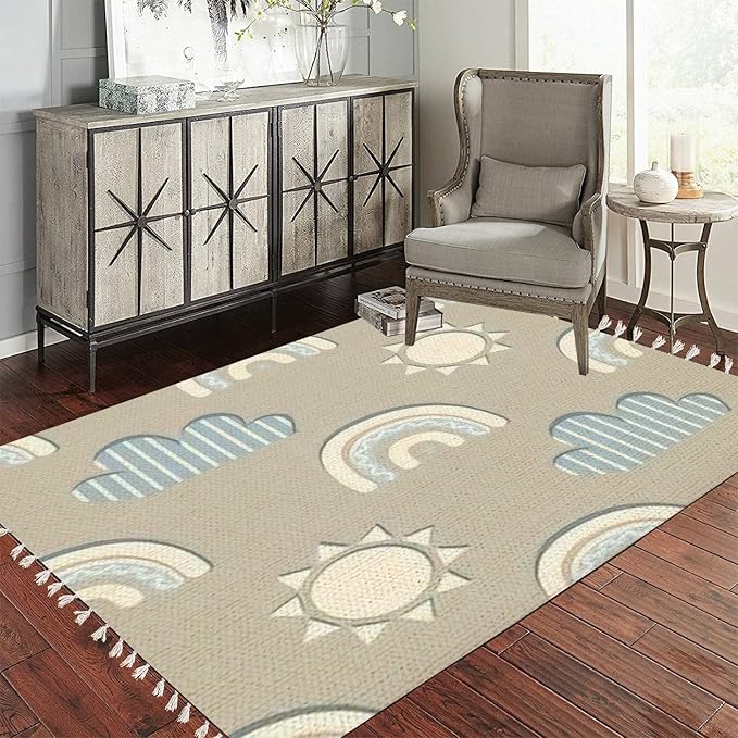 Boho Rug Childish Cute Scandinavian Rainbows Clouds Scandinavian Chic Area Rug Washable Hallway Runner Rug Mat Minimalist Home Decor for Living Room Bedroom Nursery Playroom Classroom