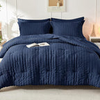 HYMOKEGE Navy Blue Oversized Queen Comforter Set Seersucker 7 Pieces, All Season Luxury Bed in a Bag for Bedroom, Bedding Set with Comforter, Sheets, Pillowcases & Shams