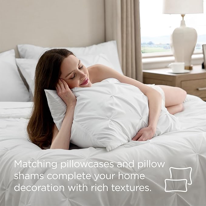 Bedsure Queen Comforter Set White - Bed in a Bag Queen Size Bedding 7 Pieces, GentleSoft™ Pintuck Bed Set Gift for Family, Pinch Pleat All Season Comforter with Sheets, Pillowcases & Shams