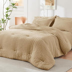 HYMOKEGE Khaki Queen Comforter Set Seersucker 7 Pieces, All Season Luxury Bed in a Bag Queen for Bedroom, Bedding Set with Comforter, Sheets, Pillowcases & Shams