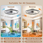 VOLISUN Low Profile Ceiling Fans with Lights and Remote, 23.6in Flush Mount Ceiling Fans with Light, 3000K-6500K Dimmable Fandelier LED Fan Light, Black Bladeless Ceiling Fans with Lights for Bedroom