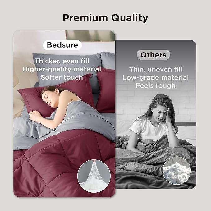Bedsure Queen Comforter Set - 7 Pieces Reversible Burgundy Bedding, Queen Size Bed Set for All Seasons, Bed in a Bag with Down Alternative Comforter, Sheets, Pillowcases & Shams