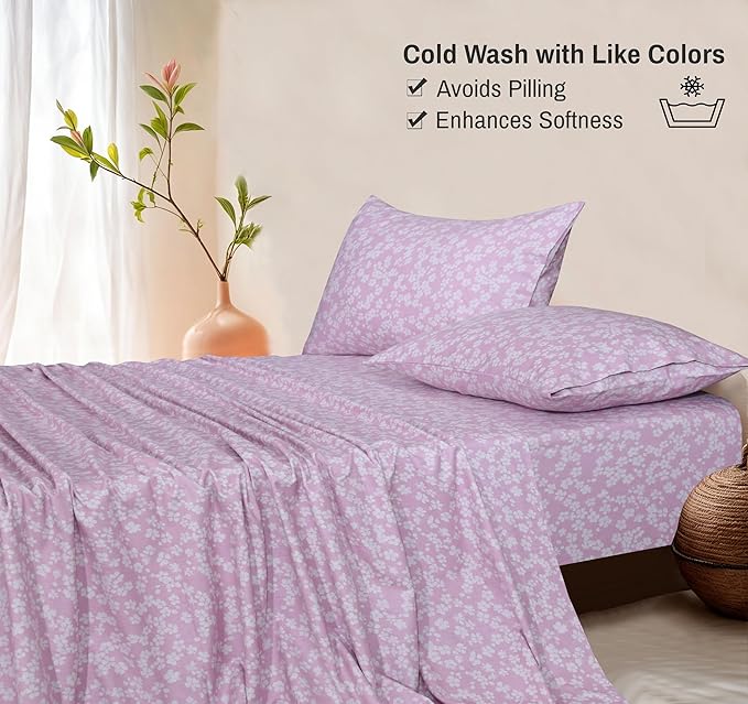 RUVANTI Flannel Sheets King Size - 100% Cotton Brushed King Size Sheets Set - Deep Pockets 16 Inches Bed Sheets - All Seasons Breathable & Extra Soft - Warm & Cozy, 4 Piece, Pink Flora