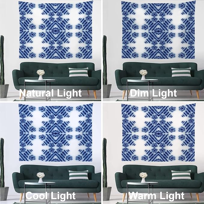 Batmerry Blue Art Flower Tapestry, Blue White Ceramic Glaze Tie Dye Wall Art Hanging Decoration Polyester Fiber White Ruffled Around for Dorm Room Bedroom Living Room, 39.1x59.1 inches
