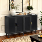 Finnhomy 4 Door Sideboard Buffet Cabinet, Kitchen Storage Buffet with Black Painted Rattan Decorated Doors, Cupboard Console Table, Boho Accent Liquor Cabinet, 62.3X 15.7X 34.6 Inches, Full Black