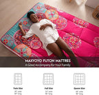 MAXYOYO Bohemian Style Futon Mattress, Padded Japanese Floor Mattress Quilted Bed Mattress Topper, Extra Thick Folding Sleeping Pad Breathable Floor Lounger Guest Bed for Camping Couch, Red, Queen