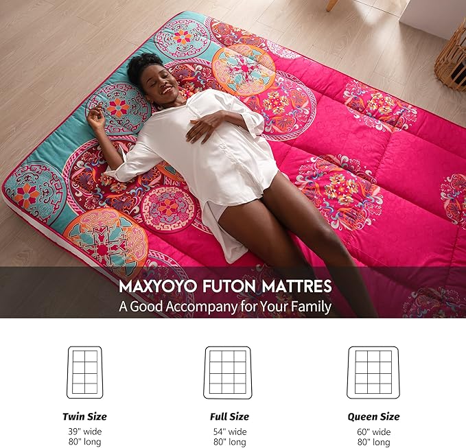 MAXYOYO Bohemian Style Futon Mattress, Padded Japanese Floor Mattress Quilted Bed Mattress Topper, Extra Thick Folding Sleeping Pad Breathable Floor Lounger Guest Bed for Camping Couch, Red, Queen