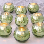LAMORGIFT 12 PCS Green Votive Candle Holders- Mercury Glass Candle Holders for Sage Green Wedding Decor, Green Tea Light Candle Holders for Vintage Wedding, Engagement, Rehearsal Dinner Table Decor