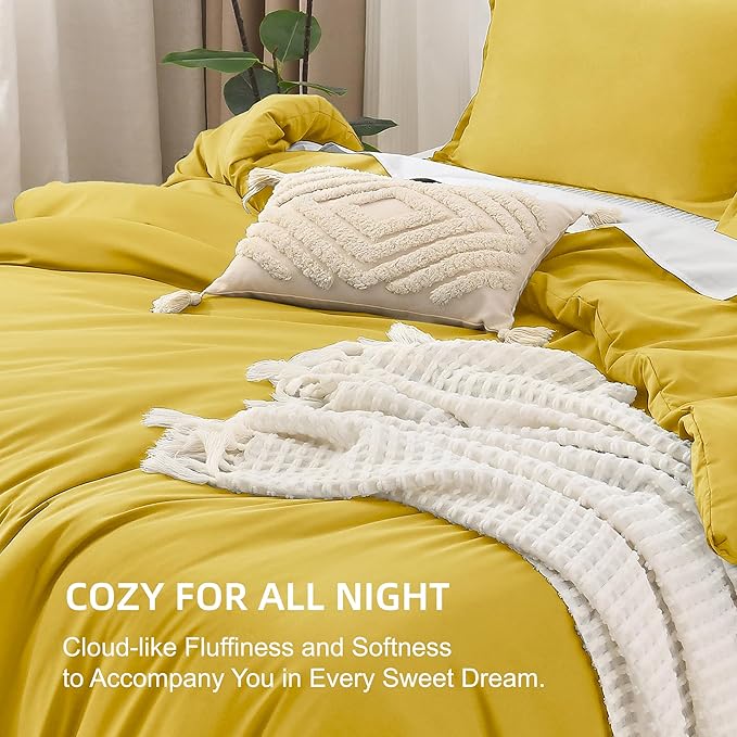 Litanika Mustard Yellow Comforter Set Full Size, 3 Pieces Lightweight Solid Bedding Comforter Set, All Season Fluffy Bed Set (79x90In Comforter & 2 Pillowcases)