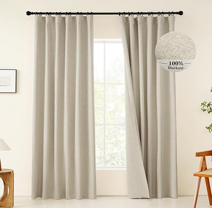 KangBang 72 Inch Extra Wide Linen Curtains Blackout 2 Panels Set-Back Tab Loop Pocket Pleated Floor to Ceiling Drapes for Patio Door, Full Light Blocking Burlap Farmhouse Morden Drapes, 72Wx84L