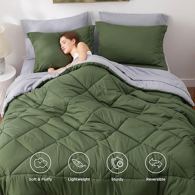 Bedsure Full Size Comforter Set - 7 Pieces Reversible Olive Green Bedding, Full Size Bed Set for All Seasons, Bed in a Bag with Down Alternative Comforter, Sheets, Pillowcases & Shams