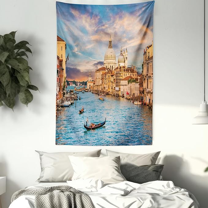 Ambesonne Scenery Tapestry, Gondola on Famous Grand Canal with Romantic View of Italian Architecture Venice, Wall Hanging for Bedroom Living Room Dorm Decor, 60" X 80", Multicolor