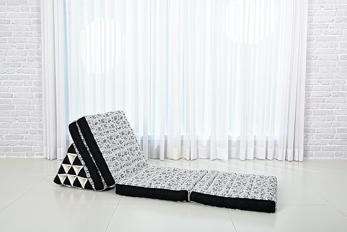 Leewadee Comfortable Japanese Floor Mattress - Thai Floor Bed with Triangle Cushion - Futon Mattress - XL Extra Long Thai Massage Mat, 89 x 20 inches, Black White, Kapok Filling