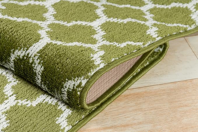 Custom Size Moroccan Trellis Runner Rug Mat for Wide Hallway Entryway Kitchen Laundry Room with Slip Resistant Latex Rubber Backing, Trellis Green, 31 inch X 10 feet