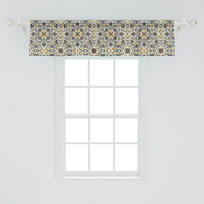 Ambesonne Turkish Pattern Window Valance, Flowers in and Traditional Style, Curtain Valance for Kitchen Bedroom Decor with Rod Pocket, 54" X 12", Earth Yellow Slate Blue