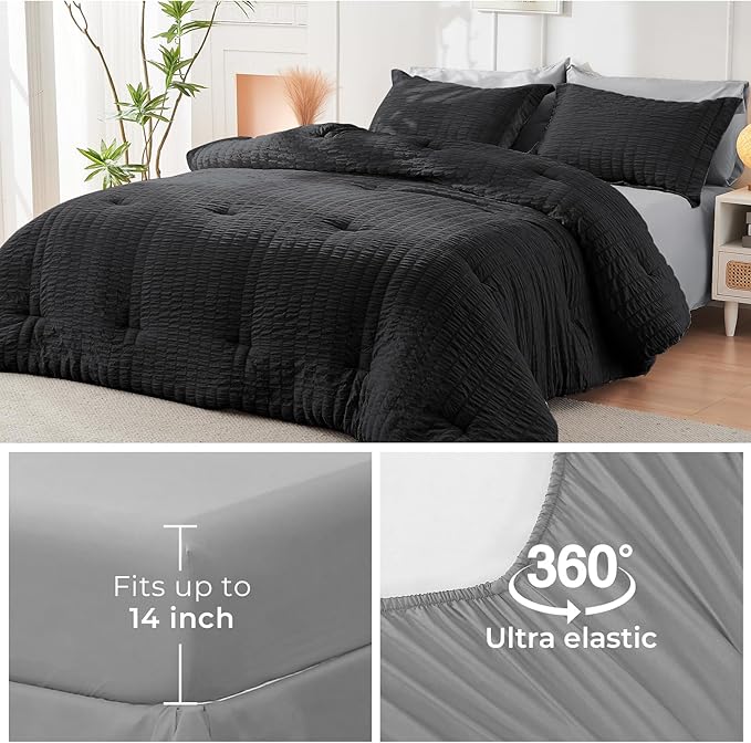 HYMOKEGE Black/Light Grey Twin XL Comforter Set Seersucker 5 Pieces, All Season Luxury Bed in a Bag for Bedroom, Bedding Set with Comforter, Sheets, Pillowcase & Sham