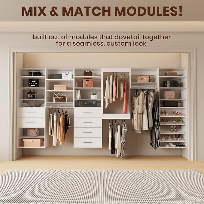 ROOMTEC 34.5" Double Hanging Closet Unit, Modular Closet System with Hanging Rod, Wardrobe Organizer for Bedroom or Walk-in Closet, Wall Mounted, Customizable Clothes Storage Unit, White
