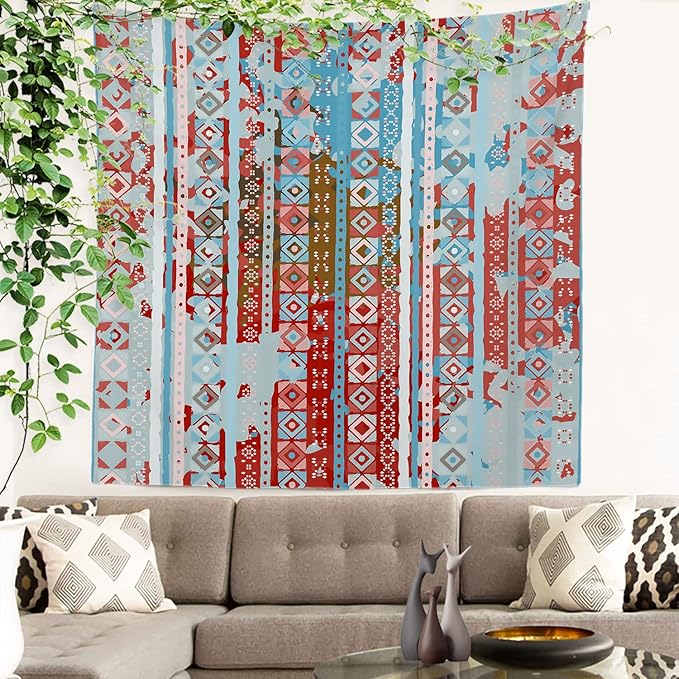Batmerry Blue Grey Boho Garbage Tapestry, Red Wall Art Hanging Decoration Polyester Fiber White Ruffled Around for Dorm Room Bedroom Living Room, 59.1x59.1 inches