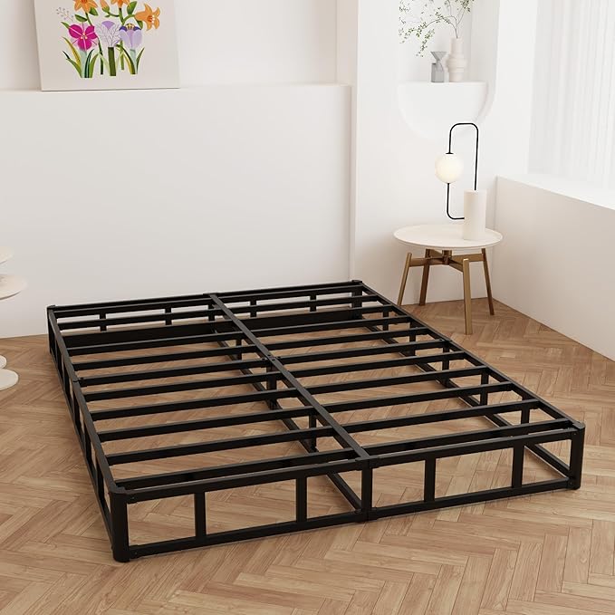 King Box Spring 9 Inch, Heavy Duty Metal Box Spring Bed Base with Fabric Cover, Mattress Foundation, Easy Assembly, Noise Free, Black