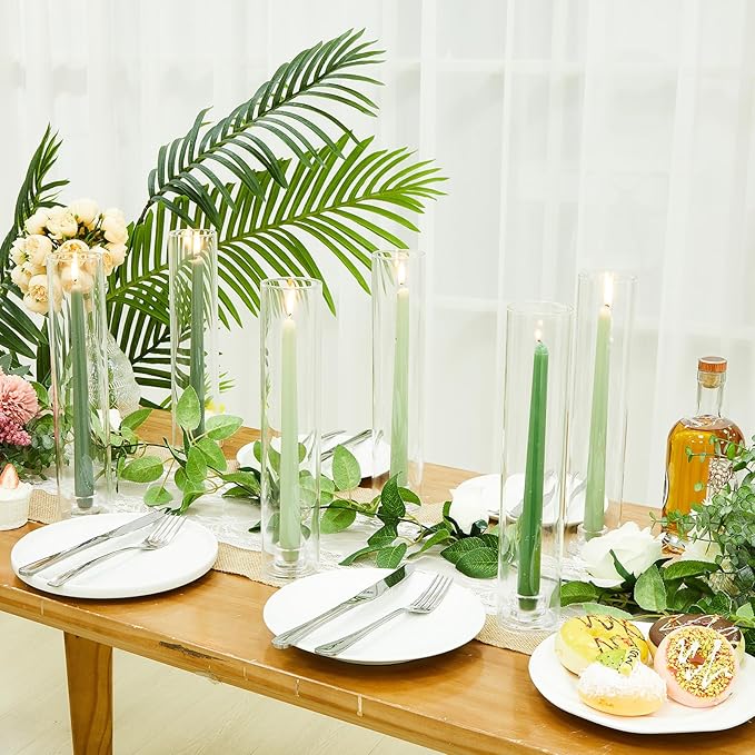 12 Set Glass Hurricane Candle Holders 11.8" Open Ended Glass Candleholder Tube Shape Bottomless and 1.26" Taper Clear Candlestick Holders for Wedding Party Table Centerpiece
