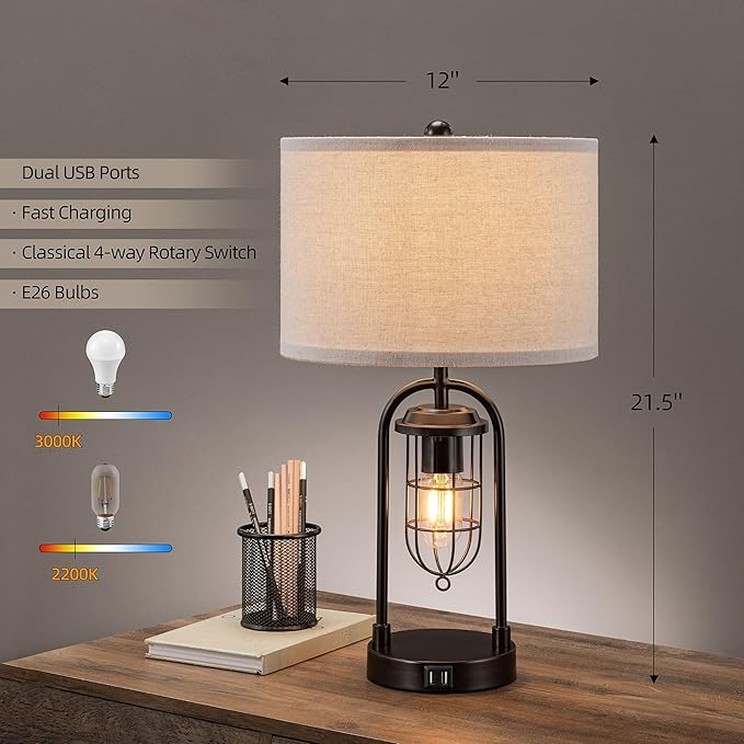 KAWOTI Set of 2 Farmhouse Table Lamps with USB Ports and Night Light Modern Nightstand Lamp for Living Room Bedroom（Bulbs Included）