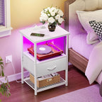 Fixwal Night Stand with Charging Station, LED Nightstand with Fabric Drawers, End Table with PU Finish, Bed Side Table, White