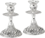 Silver Plated Candlesticks - 2 Pack Set - Pair of 5 Inch Ornate Candle Holders with Round Base and Floral Design