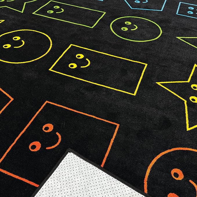 Zety - Nylon School Girl Style Classroom Rugs Elementary - 7.6x12 FT - Playroom and Toddler Rugs- Educational Smiley face Rug for Kids Room, Classroom, Daycare, and Home Learning - Black Pastel Rug