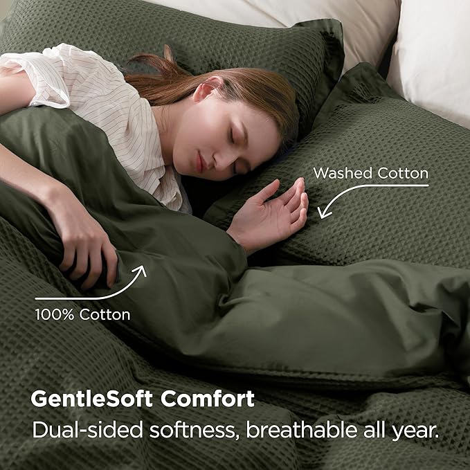 Bedsure 100% Cotton Duvet Cover King Size with Fitted Sheet - 4 Pieces Olive Green Waffle Weave Bedding Set, GentleSoft™ and Breathable, Includes 1 Duvet Cover 104x90, 1 Fitted Sheet, 2 Pillow Shams