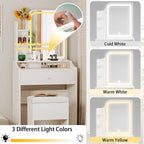 LIKIMIO Small Makeup Vanity Desk with Mirror and Lights, Vanity Table Set with Storage Drawer, Chair and Three Shelves, Bedroom, White