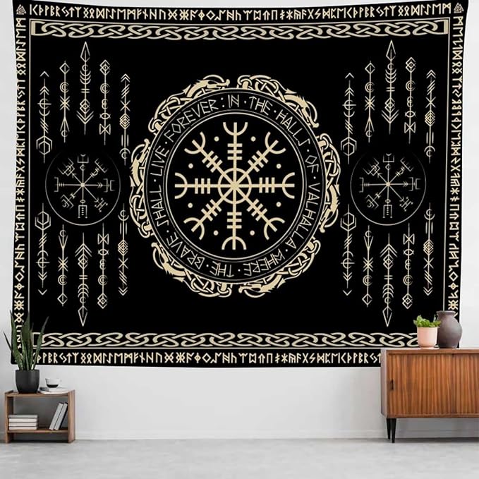OSUNBD Nordic Vikings Tapestry Large 93x71inches Soft Flannel Vegvsir Symbol Amulet Celtic Rune Scandinavian Aesthetic Mythology Tapestry Wall Hanging for Bedroom Living Room Decor