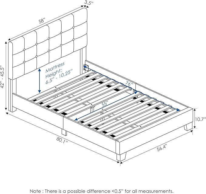 Furinno Laval Button Tufted Upholstered Platform Bed Frame, Full, Glacier